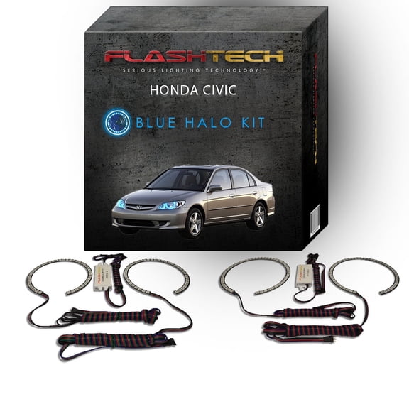 Flashtech Blue Angel Eye LED Headlight Halo Ring kit for 2004-2005 Honda Civic Headlights