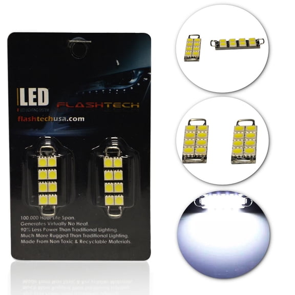 Flashtech Extremely Bright LED Bulbs for Car Interior Dome Map Door Courtesy License Plate Lights BA9S - White, Pair