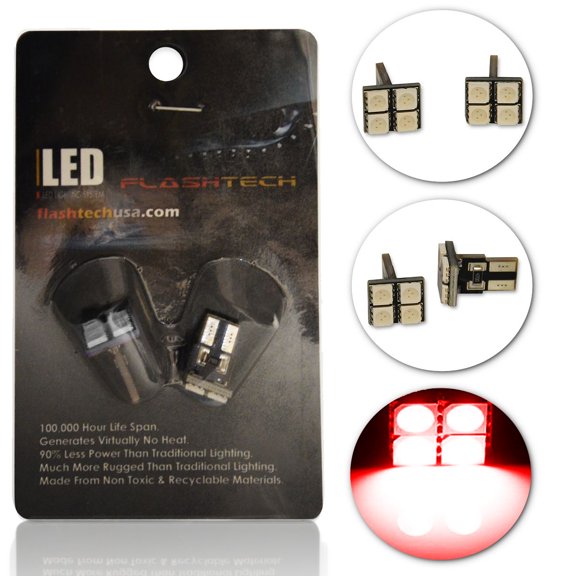 Flashtech Extremely Bright LED Bulbs for Car Interior Dome Map Door Courtesy License Plate Lights - Red - T10 Flat Canbus