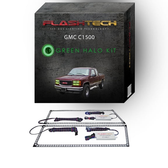 Flashtech Green Angel Eye LED Headlight Halo Ring kit for 1988-1998 GMC C1500 Headlights