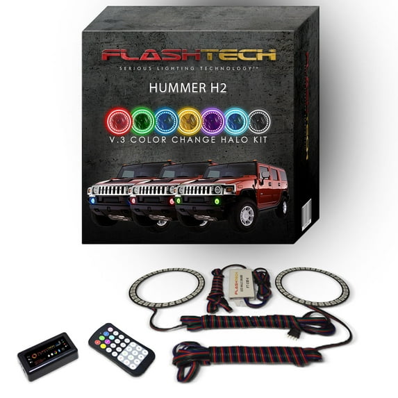 Flashtech RGB Multi Color Bluetooth LED Halo Ring kit for 2003-2009 Hummer H2 Fog Lights
