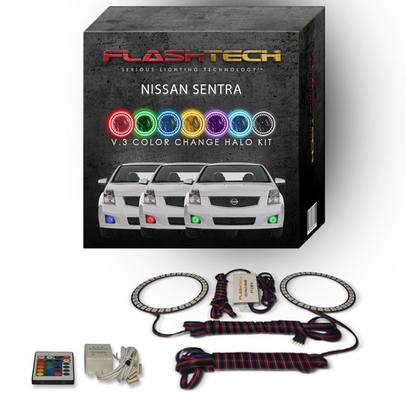 Flashtech RGB Angel Eye LED Halo kit with IR Remote for 2007-2011 Nissan Sentra Fog Lights