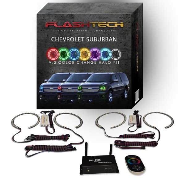 Flashtech RGB Multi Color LED Halo kit with Wifi App for 07-13 Chevy Suburban Headlights