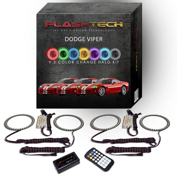 Flashtech RGB Multi Color Bluetooth LED Halo Ring kit for 2003-2010 Dodge Viper Headlights