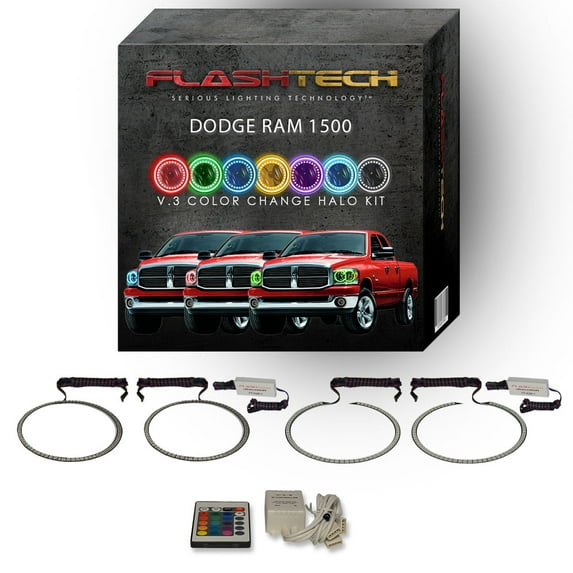 Flashtech RGB Angel Eye LED Halo kit with IR Remote for 06-08 Dodge Ram 1500 Headlights