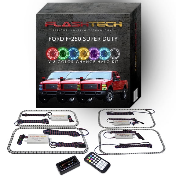 Flashtech RGB MultiColor Bluetooth LED Halo kit for 08-10 Ford F-250 Super Duty Headlights