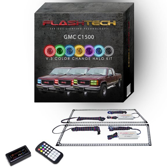 Flashtech RGB Multi Color Bluetooth LED Halo Ring kit for 1988-1998 GMC C1500 Headlights