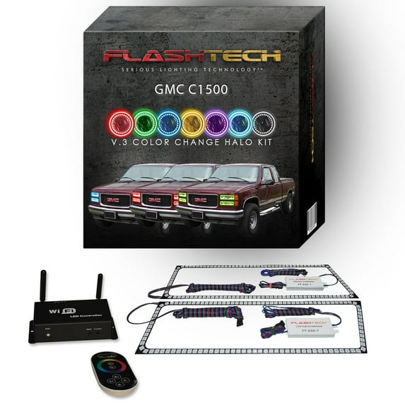 Flashtech RGB Multi Color LED Halo kit with Wifi App for 1988-1998 GMC C1500 Headlights
