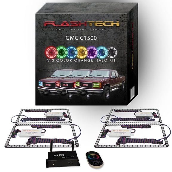 Flashtech RGB Multi Color LED Halo kit with Wifi App for 1988-1998 GMC C1500 Headlights