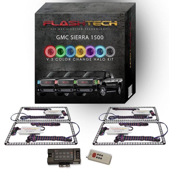 Flashtech RGB Multi Color LED Halo kit with RF Remote for 08-13 GMC Sierra 1500 Headlights