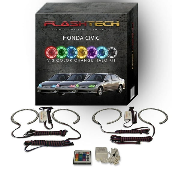 Flashtech RGB Angel Eye LED Halo kit with IR Remote for 2004-2005 Honda Civic Headlights