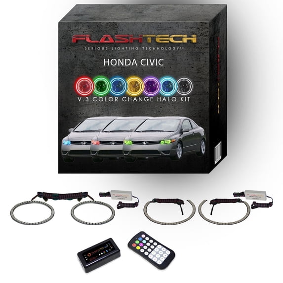 Flashtech RGB Multi Color Bluetooth LED Halo Ring kit for 2006-2008 Honda Civic Headlights