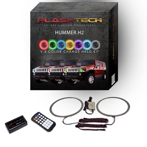 Flashtech RGB Multi Color Bluetooth LED Halo Ring kit for 2003-2009 Hummer H2 Headlights