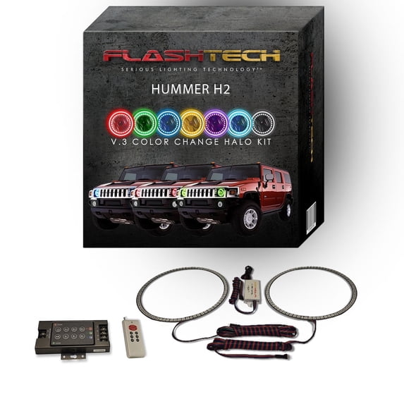 Flashtech RGB Multi Color LED Halo kit with RF Remote for 2003-2009 Hummer H2 Headlights