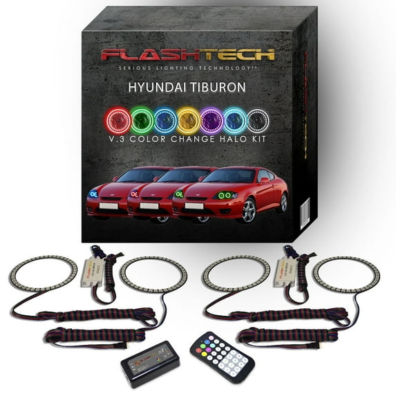 Flashtech RGB Angel Eye LED Halo kit with RF Remote for 05-06 Hyundai Tiburon Headlights