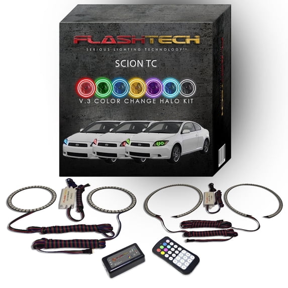 Flashtech RGB Angel Eye LED Halo Ring kit with RF Remote for 2008-2010 Scion TC Headlights
