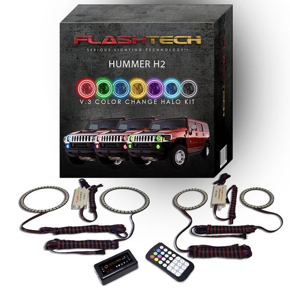 Flashtech RGB MultiColor Bluetooth LED Halo kit for 03-09 Hummer H2 Headlight & Fog Lights