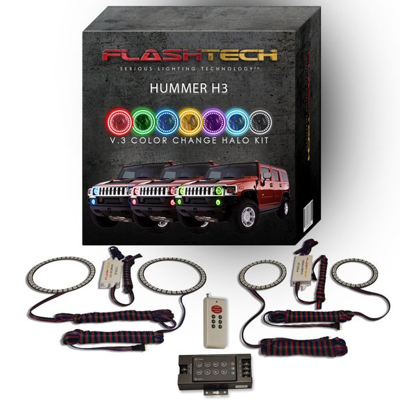 Flashtech RGB Multi Color LED Halo kit & Remote for 06-10 Hummer H3 Headlight & Fog Lights