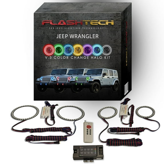 Flashtech RGB Multi Color LED Halo kit & RF for 07-17 Jeep Wrangler Headlight & Fog Lights