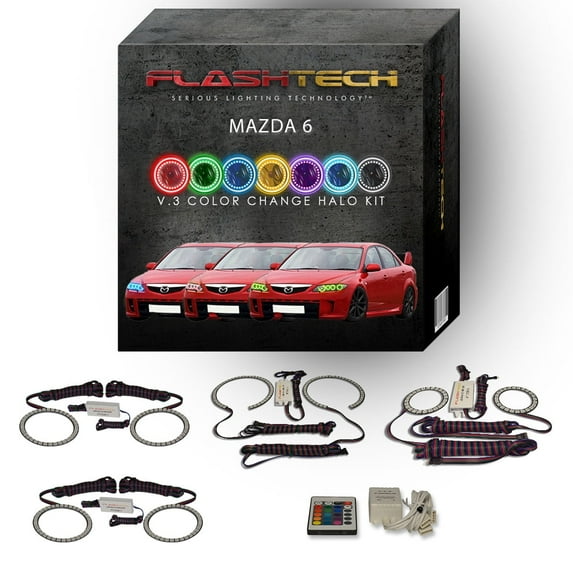 Flashtech RGB Angel Eye LED Halo Ring kit with IR Remote for 2003-2008 Mazda 6 Headlights