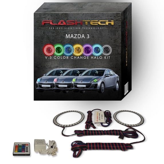 Flashtech RGB Angel Eye LED Halo Ring kit with IR Remote for 2010-2013 Mazda 3 Headlights