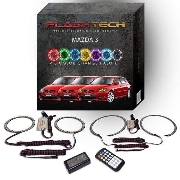 Flashtech RGB Angel Eye LED Halo Ring kit with RF Remote for 2004-2009 Mazda 3 Headlights