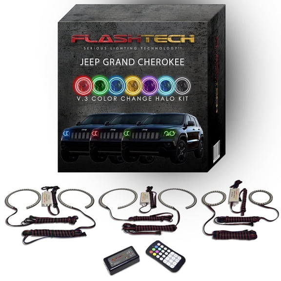 Flashtech RGB Angel Eye LED Halo kit & RF Remote for 11-13 Jeep Grand Cherokee Headlights
