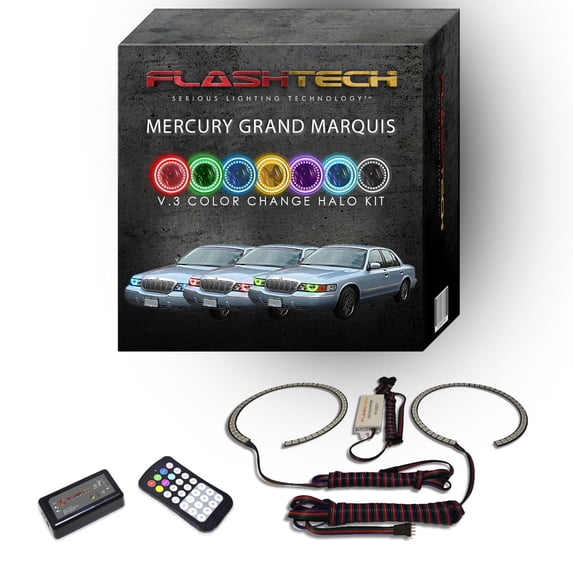 Flashtech RGB Angel Eye LED Halo kit & Remote for 98-02 Mercury Grand Marquis Headlights