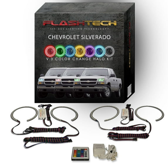 Flashtech RGB Angel Eye LED Halo kit with IR Remote for 03-06 Chevy Silverado Headlights