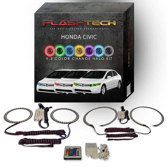 Flashtech RGB Angel Eye LED Halo kit with IR Remote for 2006-2008 Honda Civic Headlights