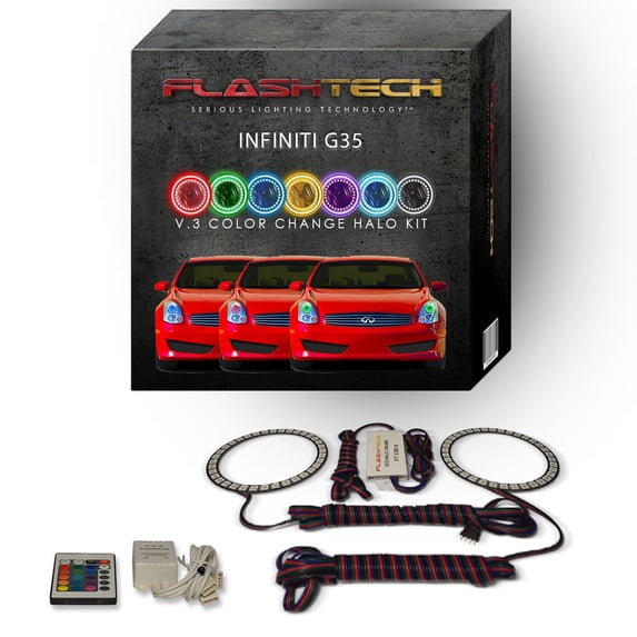 Flashtech RGB Angel Eye LED Halo kit with IR Remote for 2006-2008 Infiniti G35 Headlights