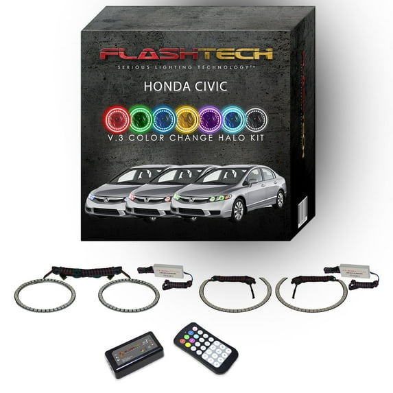 Flashtech RGB Angel Eye LED Halo kit with RF Remote for 2009-2011 Honda Civic Headlights