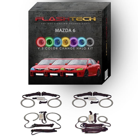 Flashtech RGB Angel Eye Multi Color Changing LED Halo kit for 2003-2008 Mazda 6 Headlights