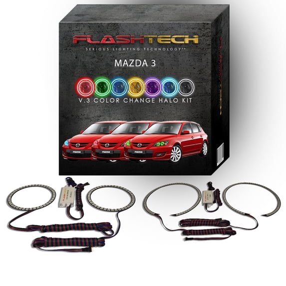 Flashtech RGB Angel Eye Multi Color Changing LED Halo kit for 2004-2009 Mazda 3 Headlights