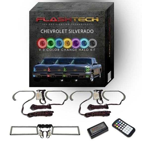 Flashtech RGB LED Halo kit & RF Remote for 07-13 Chevy Silverado Headlight & Fog Lights
