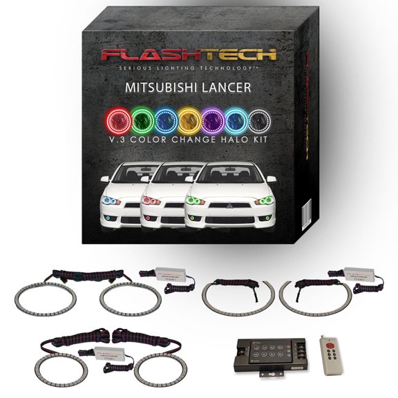 Flashtech RGB LED Halo kit & RF Remote for 08-16 Mitsubishi Lancer Headlight & Fog Lights