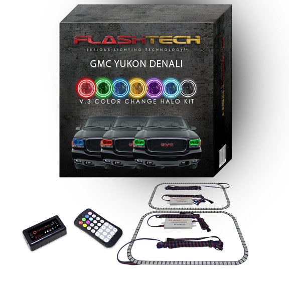 Flashtech RGB Multi Color Bluetooth LED Halo Ring kit for 1999-2000 GMC Yukon Headlights