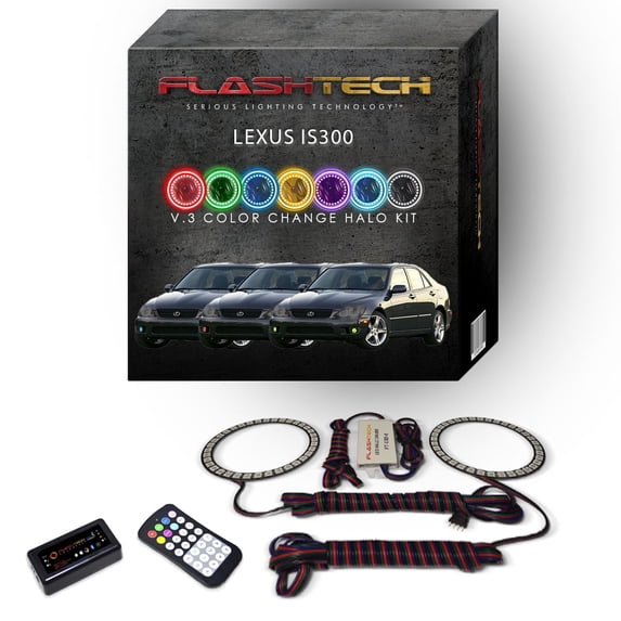 Flashtech RGB Multi Color Bluetooth LED Halo Ring kit for 2001-2005 Lexus is300 Fog Lights