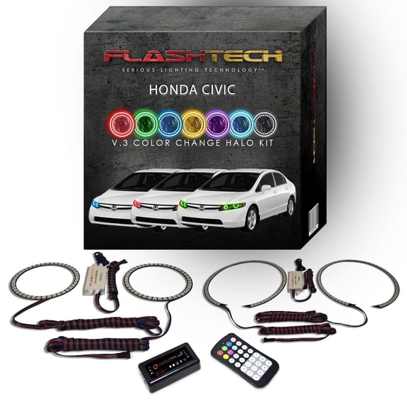 Flashtech RGB Multi Color Bluetooth LED Halo Ring kit for 2006-2008 Honda Civic Headlights