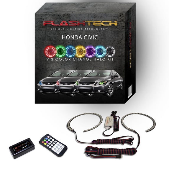 Flashtech RGB Multi Color Bluetooth LED Halo Ring kit for 2012-2013 Honda Civic Headlights