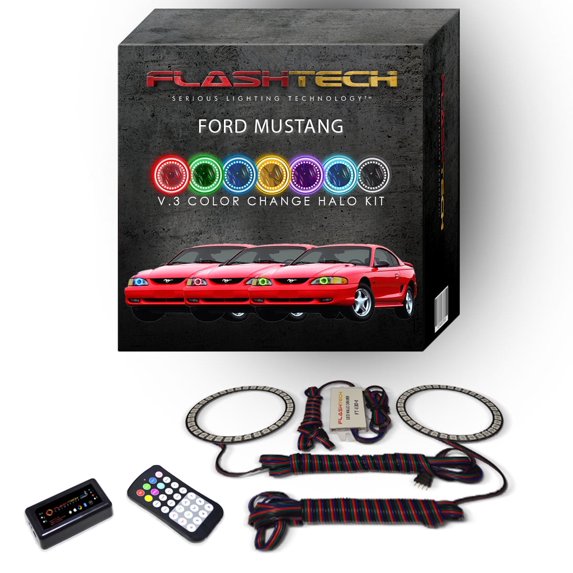 Flashtech RGB Multi Color Bluetooth LED Halo kit for 1994-1998 Ford Mustang Headlights