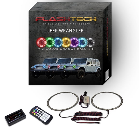 Flashtech RGB Multi Color Bluetooth LED Halo kit for 2007-2017 Jeep Wrangler Headlights