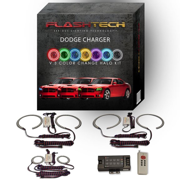 Flashtech RGB Multi Color LED Halo kit with RF Remote for 05-10 Dodge Charger Headlights