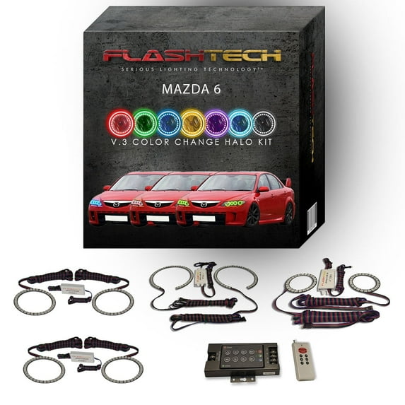 Flashtech RGB Multi Color LED Halo kit with RF Remote for 2003-2008 Mazda 6 Headlights
