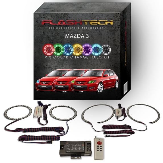 Flashtech RGB Multi Color LED Halo kit with RF Remote for 2004-2009 Mazda 3 Headlights
