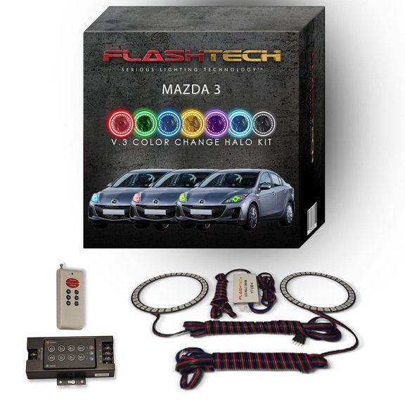 Flashtech RGB Multi Color LED Halo kit with RF Remote for 2010-2013 Mazda 3 Headlights