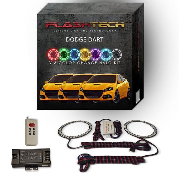 Flashtech RGB Multi Color LED Halo kit with RF Remote for 2014-2016 Dodge Dart Headlights