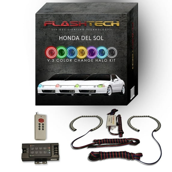 Flashtech RGB Multi Color LED Halo kit with RF Remote for 94-97 Honda Del Sol Headlights