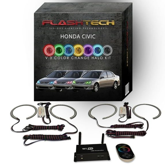 Flashtech RGB Multi Color LED Halo kit with Wifi App for 2004-2005 Honda Civic Headlights