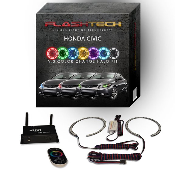 Flashtech RGB Multi Color LED Halo kit with Wifi App for 2012-2013 Honda Civic Headlights